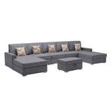 Nolan Gray Linen Fabric 6Pc Double Chaise Sectional Sofa with Interchangeable Legs, Storage Ottoman, and Pillows