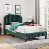 Modern Velvet Curved Upholstered Platform Bed , Solid Wood Frame , Nailhead Trim, Green (Full)