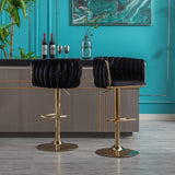 Set of 2 Bar Stools,with Chrome Footrest and Base Swivel Height Adjustable Mechanical Lifting Velvet + Golden Leg Simple Bar Stool-Black