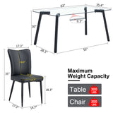 Table and chair set. 1 table and 6 black chairs. Glass dining table with 0.31-inch tempered glass tabletop and black coated metal legs. Equipped with black PU chairs 1123 008