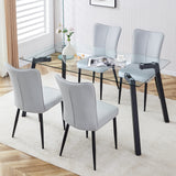 Table and chair set. 1 table and 6 light grey chairs. Glass dining table with 0.31-inch tempered glass tabletop and black coated metal legs. Equipped with light grey PU chairs 1123 008