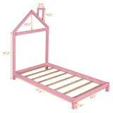 Twin Size Wood Platform Bed with House-shaped Headboard  (Pink)