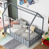 {Slats are not included}Twin Size Wood Bed House Bed Frame with Fence,for Kids,Teens, Girls,Boys {Gray}{OLD SKU:WF194274AAE}