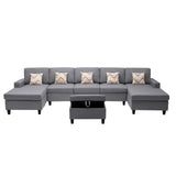 Nolan Gray Linen Fabric 6Pc Double Chaise Sectional Sofa with Interchangeable Legs, Storage Ottoman, and Pillows