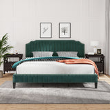 Modern Velvet Curved Upholstered Platform Bed , Solid Wood Frame , Nailhead Trim, Green (King)