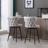 A&A Furniture,Counter Height 25" Modern Leathaire Fabric bar chairs,180° Swivel Bar Stool Chair for Kitchen,Tufted Gold Nailhead Trim Bar Stools with Metal Legs,Set of 2 (Light Gray)