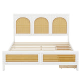 Queen Size Wood Storage Platform Bed with 2 Drawers, Rattan Headboard and Footboard, White