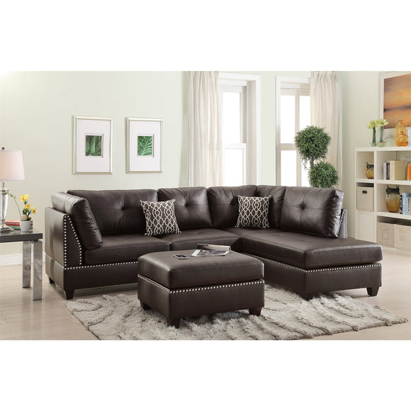 Faux Leather Reversible Sectional Sofa with Ottoman in Espresso