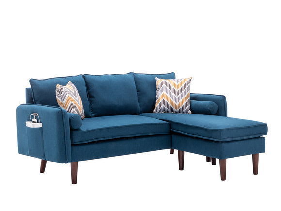 Mia Blue Sectional Sofa Chaise with USB Charger & Pillows