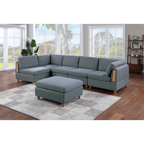 6 Piece Fabric Modular Set with Ottoman in Steel