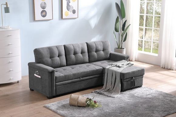 Kinsley Gray Woven Fabric Sleeper Sectional Sofa Chaise with USB Charger and Tablet Pocket