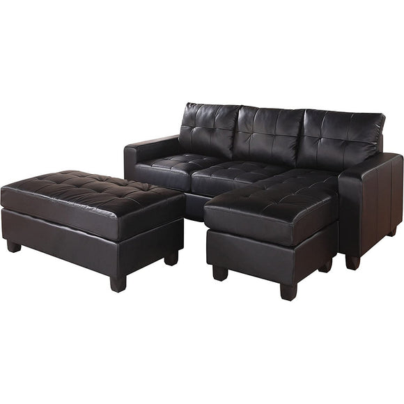 Black Modish Sectional Sofa With Ottoman, 3 Piece Set