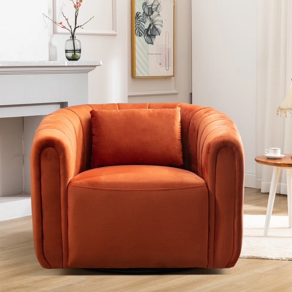 Modern Barrel Chair,Round Oversized,Accent Chair With Pillow,Velvet Comfy Leisure Chair,Suitable For Living Room Office Bedroom,Orange