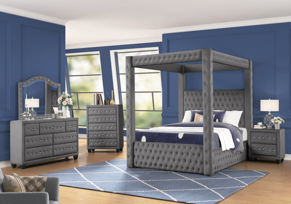 Monica luxurious Four-Poster Queen 4 Pc Bedroom Set Made with Wood in Gray