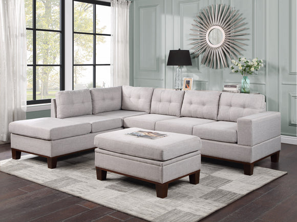 Hilo Light Gray Fabric Reversible Sectional Sofa with Dropdown Armrest, Cupholder, and Storage Ottoman