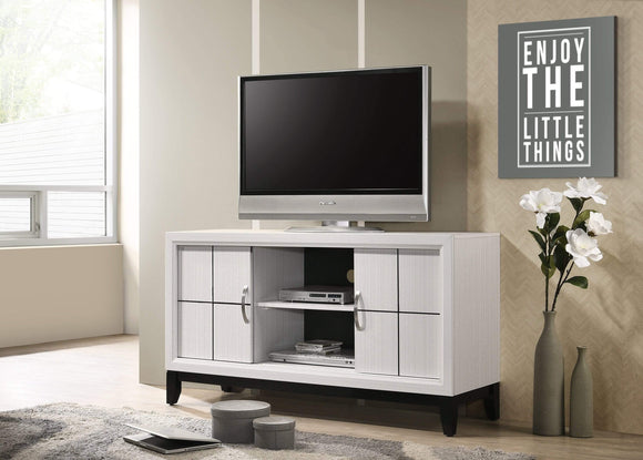 AKERSON TV STAND IN WHITE WITH SLIDING DOORS BY CROWNMARK AVAILABLE IN HOUSTON, DALLAS, SAN ANTONIO, & AUSTIN  SKU B-4610-8