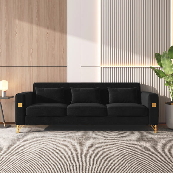 Velvet Sofa with Pillows and Gold Finish Metal Leg for Living Room