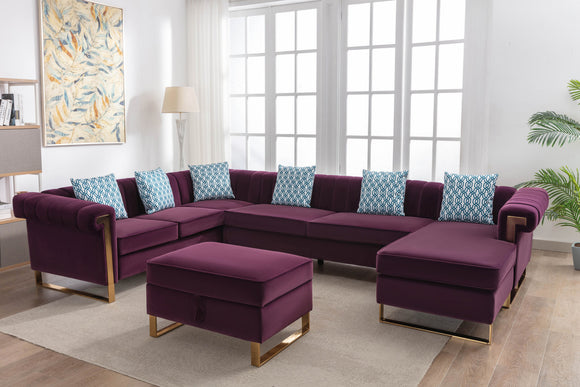 Maddie Purple Velvet 7-Seater Sectional Sofa with Reversible Chaise and Storage Ottoman