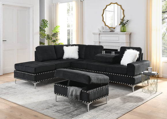 Sectional 3-Seaters Sofa with Reversible Chaise, Storage Ottoman and Cup Holders, Metal Legs and Copper Nails,Two White Villose Pillows ,Black(107.5