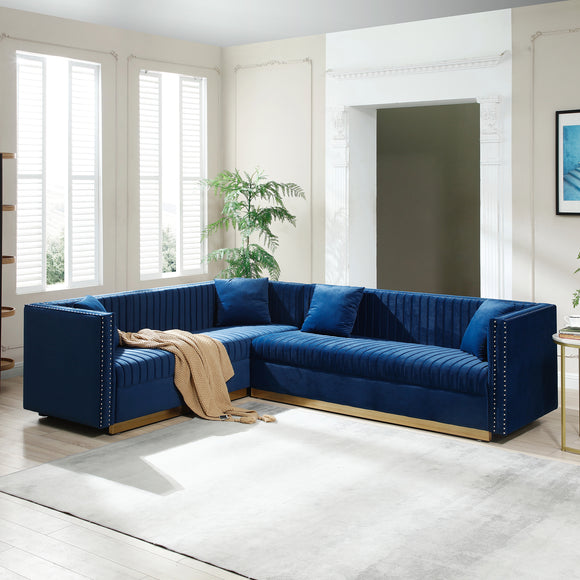 Blue Contemporary Vertical Channel Tufted Velvet Sectional with 4 pillows