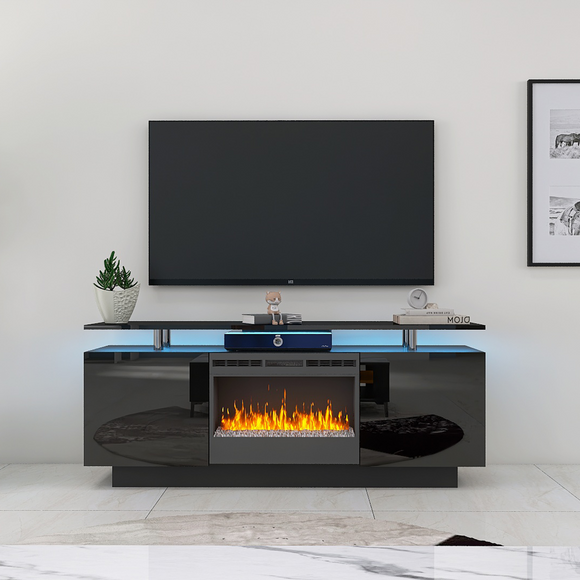 Black 160CM large TV Stand with LED fireplace