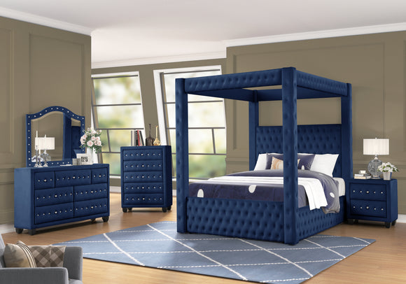 Monica luxurious Four-Poster Queen 4 Pc Bedroom Set Made with Wood in Navy Velvet