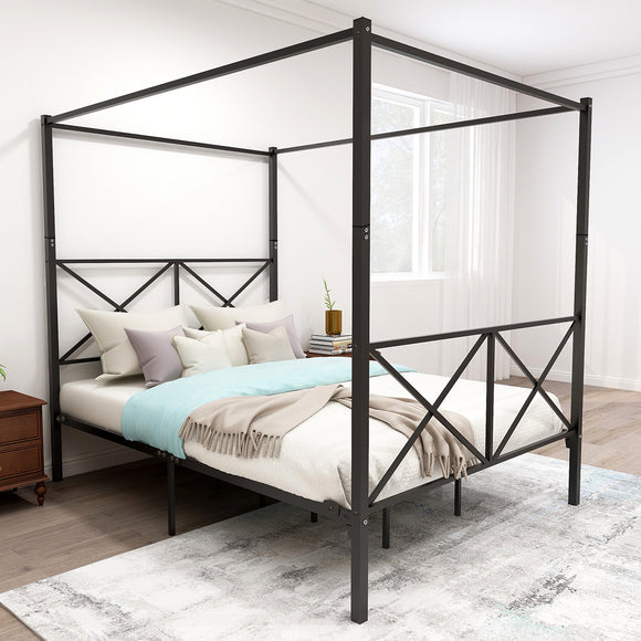 Black Metal Canopy Bedwith X Shaped Frame Queen