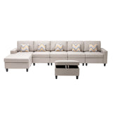 Nolan Beige Linen Fabric 6Pc Reversible Sectional Sofa Chaise with Interchangeable Legs, Pillows and Storage Ottoman