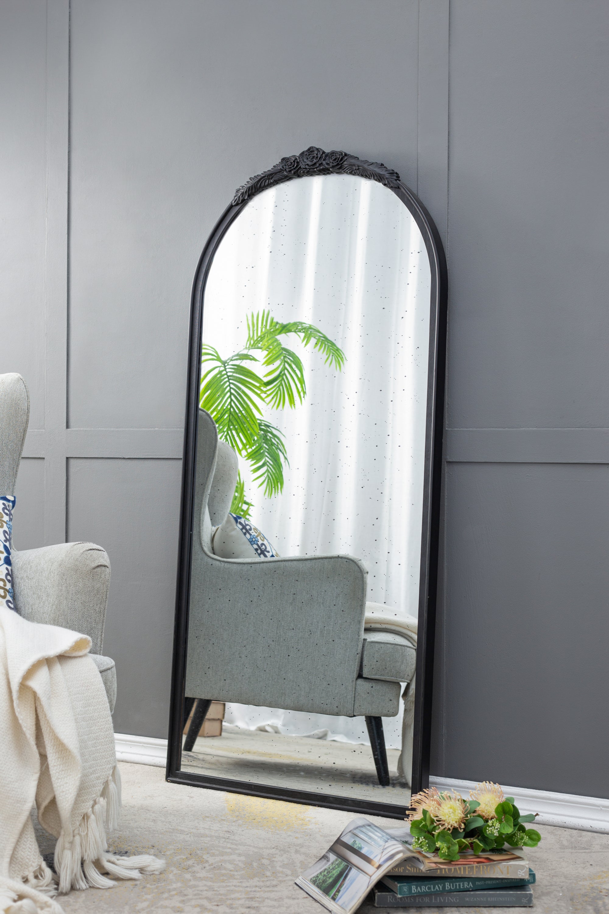 30" x 65"  Hand Carved Rose Antique Mirror Frame, Large Arch Mirror Wall Decor for Living Room, Bathroom, Entryway(Black)