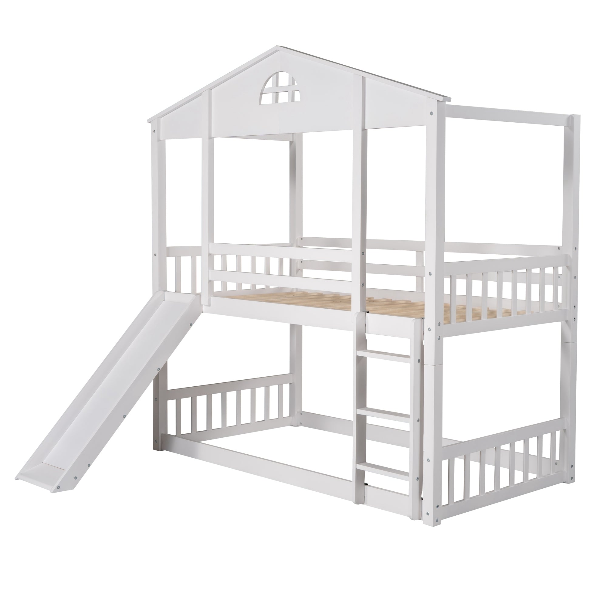 Twin over Twin House Bunk Bed with Convertible Slide and Ladder,Converts into 2 Separate Platform Beds,White