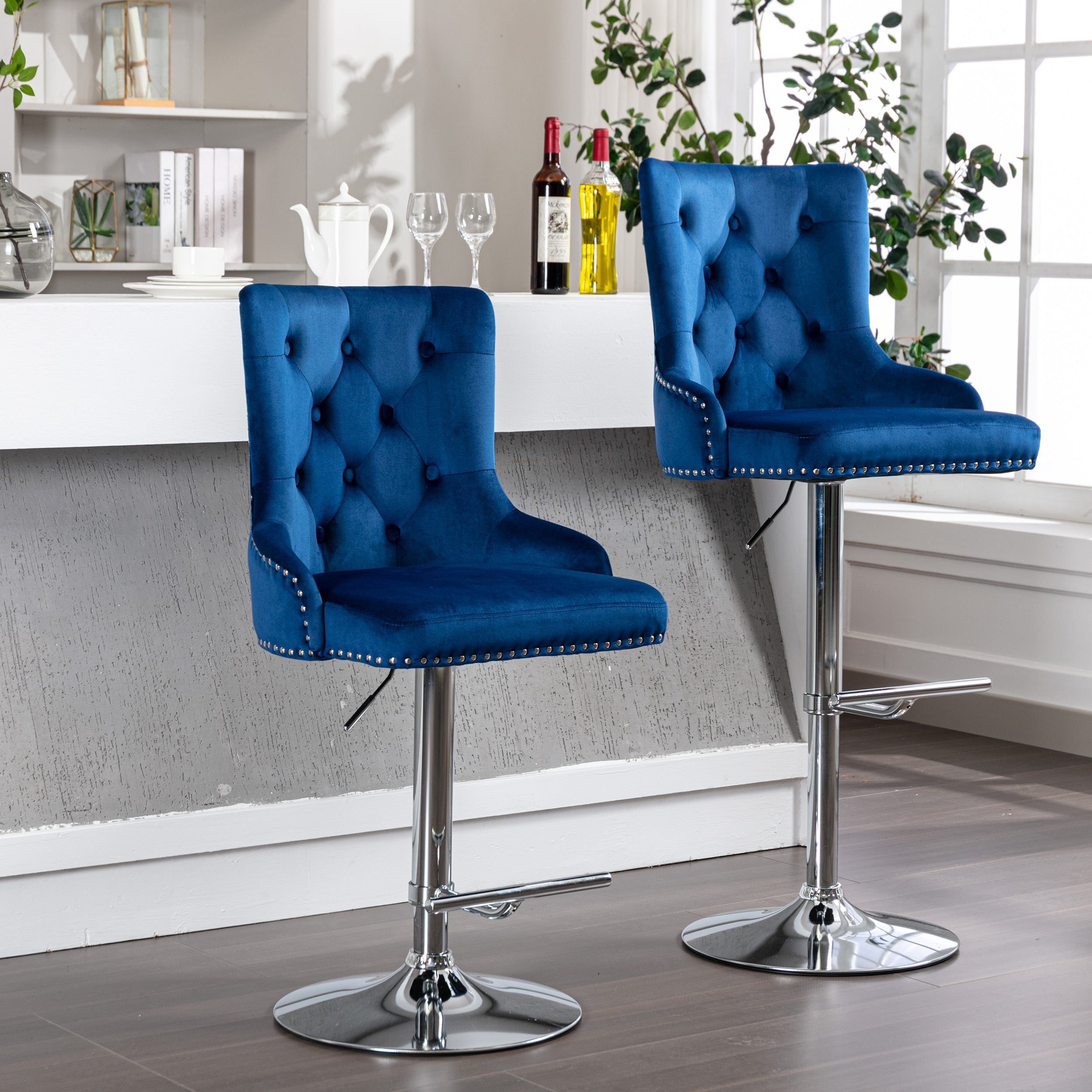 Swivel Velvet Barstools Adjusatble Seat Height , Modern Upholstered Bar Stools with Backs Comfortable Tufted for Home Pub and Kitchen Island（Dark Navy,Set of 2）