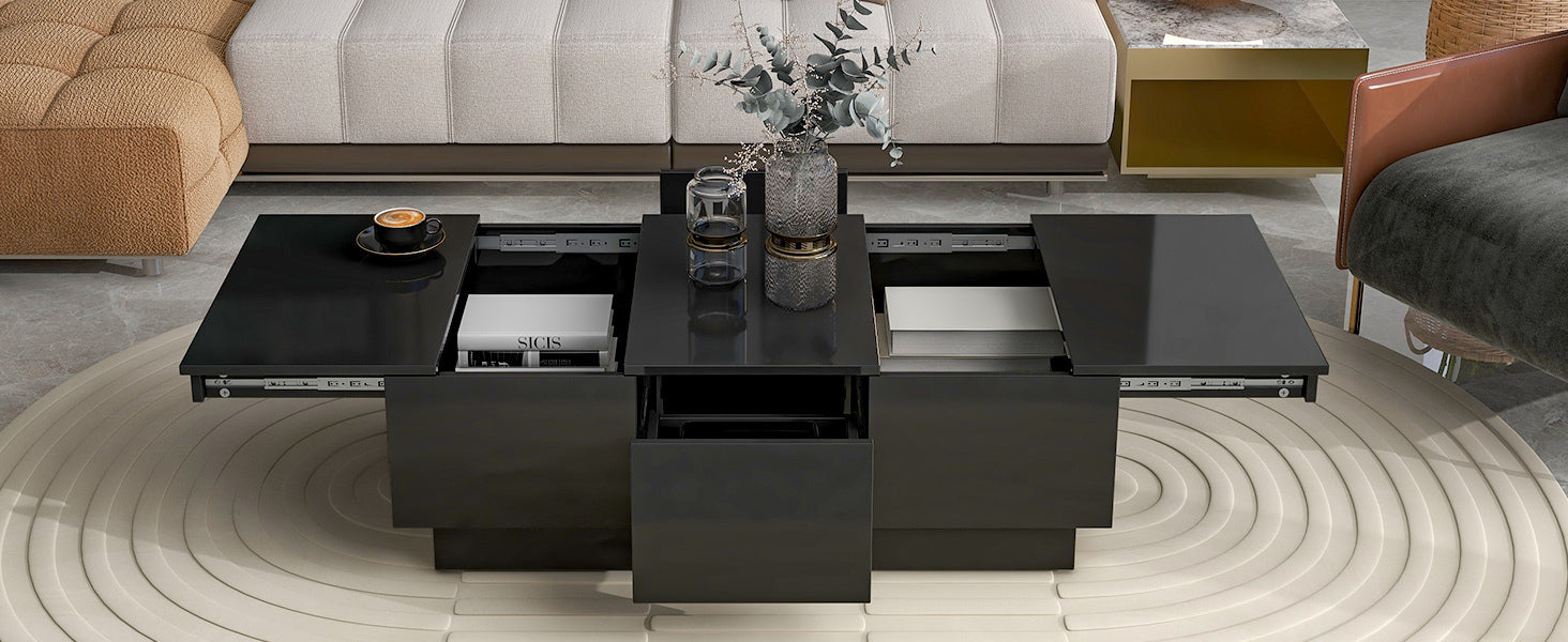 [VIDEO provided] ON-TREND Coffee Table with 2 large Hidden Storage Compartment, Extendable Cocktail Table with 2 Drawers, High-gloss Center Table with Sliding Top for Living Room, 39.3"x21.6", Black