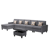 Nolan Gray Linen Fabric 6Pc Reversible Sectional Sofa Chaise with Interchangeable Legs, Pillows and Storage Ottoman