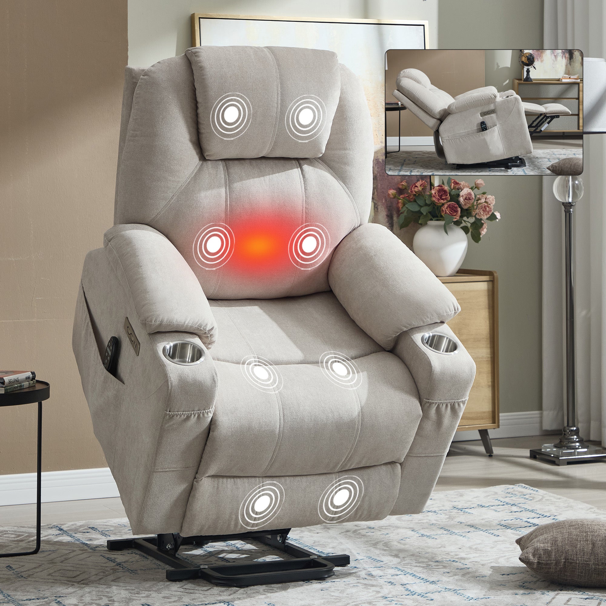 Up to 350 LBS polyester Power Lift Recliner Chair, Heavy Duty Motion Mechanism with 8-Point Vibration Massage and Lumbar Heating, USB and Type-C Ports, Stainless Steel Cup Holders, Beige