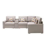 Nolan Beige Linen Fabric 6Pc Reversible Sectional Sofa with a USB, Charging Ports, Cupholders, Storage Console Table and Pillows and Interchangeable Legs