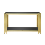 Modern Glass Console Table, 55" Gold Sofa Table with Sturdy Metal Frame and Black Tempered Glass Top, for Living Room Entryway Bedroom, Gold Finish