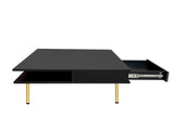 ON-TREND Exquisite High Gloss Coffee Table with 4 Golden Legs and 2 Small Drawers, 2-Tier Square Center Table for Living Room, Black