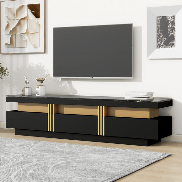 ON-TREND Luxury TV Stand with High Gloss Faux Marble Top for TVs Up to 78'', Rectangle Media Console with Golden Panel Design, Practical Entertainment Center with 3 Drawers for Living Room, Black