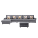 Nolan Gray Linen Fabric 6Pc Reversible Sectional Sofa Chaise with Interchangeable Legs, Pillows and Storage Ottoman