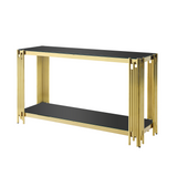 Modern Glass Console Table, 55" Gold Sofa Table with Sturdy Metal Frame and Black Tempered Glass Top, for Living Room Entryway Bedroom, Gold Finish