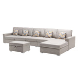 Nolan Beige Linen Fabric 6Pc Reversible Sectional Sofa Chaise with Interchangeable Legs, Pillows and Storage Ottoman