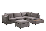 Madison Light Gray Fabric 6 Piece Modular Sectional Sofa with Ottoman and USB Storage Console Table