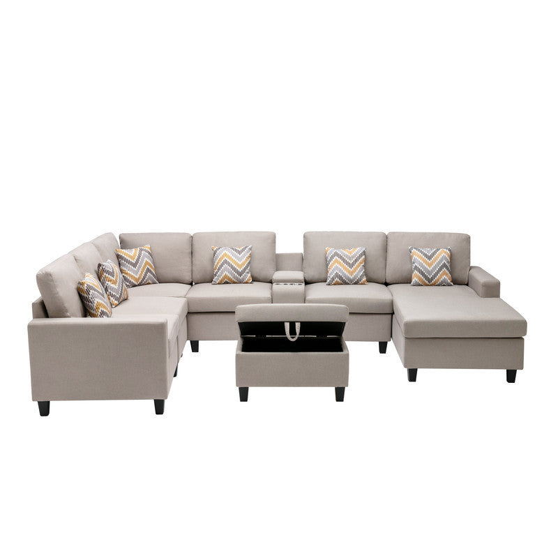 Nolan Beige Linen Fabric 8Pc Reversible Chaise Sectional Sofa with Interchangeable Legs, Pillows, Storage Ottoman, and a USB, Charging Ports, Cupholders, Storage Console Table