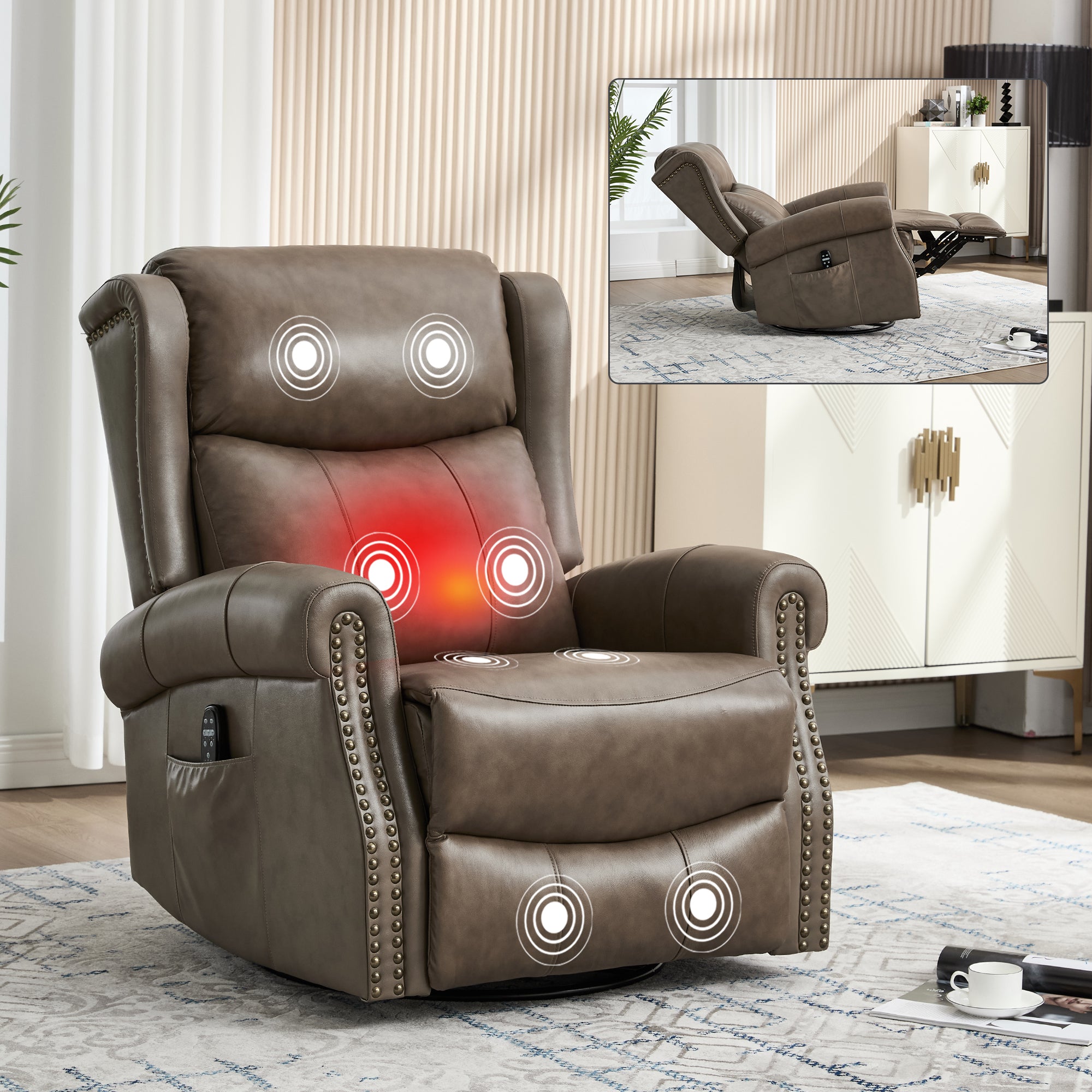 Heat Massage Manual Recliner Chair with Rocker and Swivel in Genuine leather for Living Room