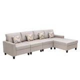 Nolan Beige Linen Fabric 4Pc Reversible Sectional Sofa Chaise with Pillows and Interchangeable Legs