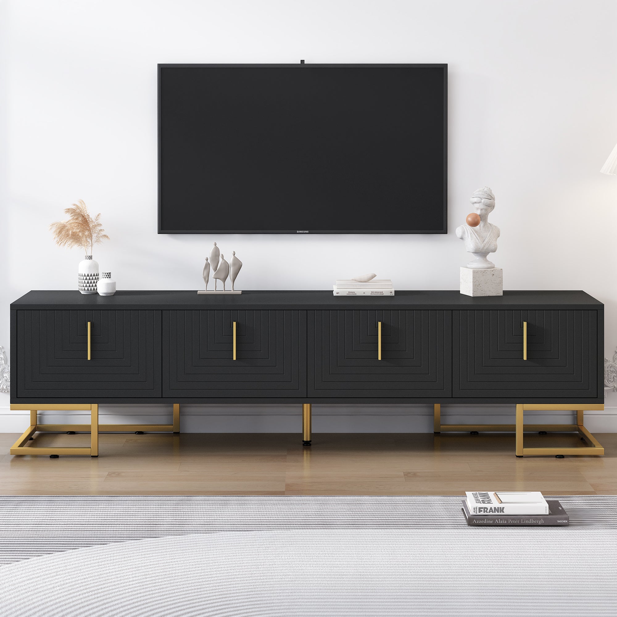 ON-TREND Modern TV Stand with Metal Legs and Gold Handles for TVs Up to 80'', Media Console Table with Cabinets and Adjustable Shelves, Luxury TV Cabinet with Geometric Lines for Living Room, Black