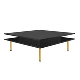 ON-TREND Exquisite High Gloss Coffee Table with 4 Golden Legs and 2 Small Drawers, 2-Tier Square Center Table for Living Room, Black