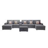 Nolan Gray Linen Fabric 7Pc Double Chaise Sectional Sofa with Interchangeable Legs, Storage Ottoman, Pillows, and a USB, Charging Ports, Cupholders, Storage Console Table