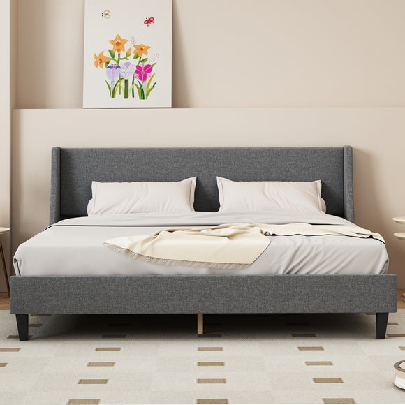 King Size Bed Frame Upholstered Bed Frame Platform ,Non-adjustable Headboard Linen Fabric Headboard Wooden Slats Support/No Box Spring Needed/Easy Assembly/Mattress Foundation, Light gray