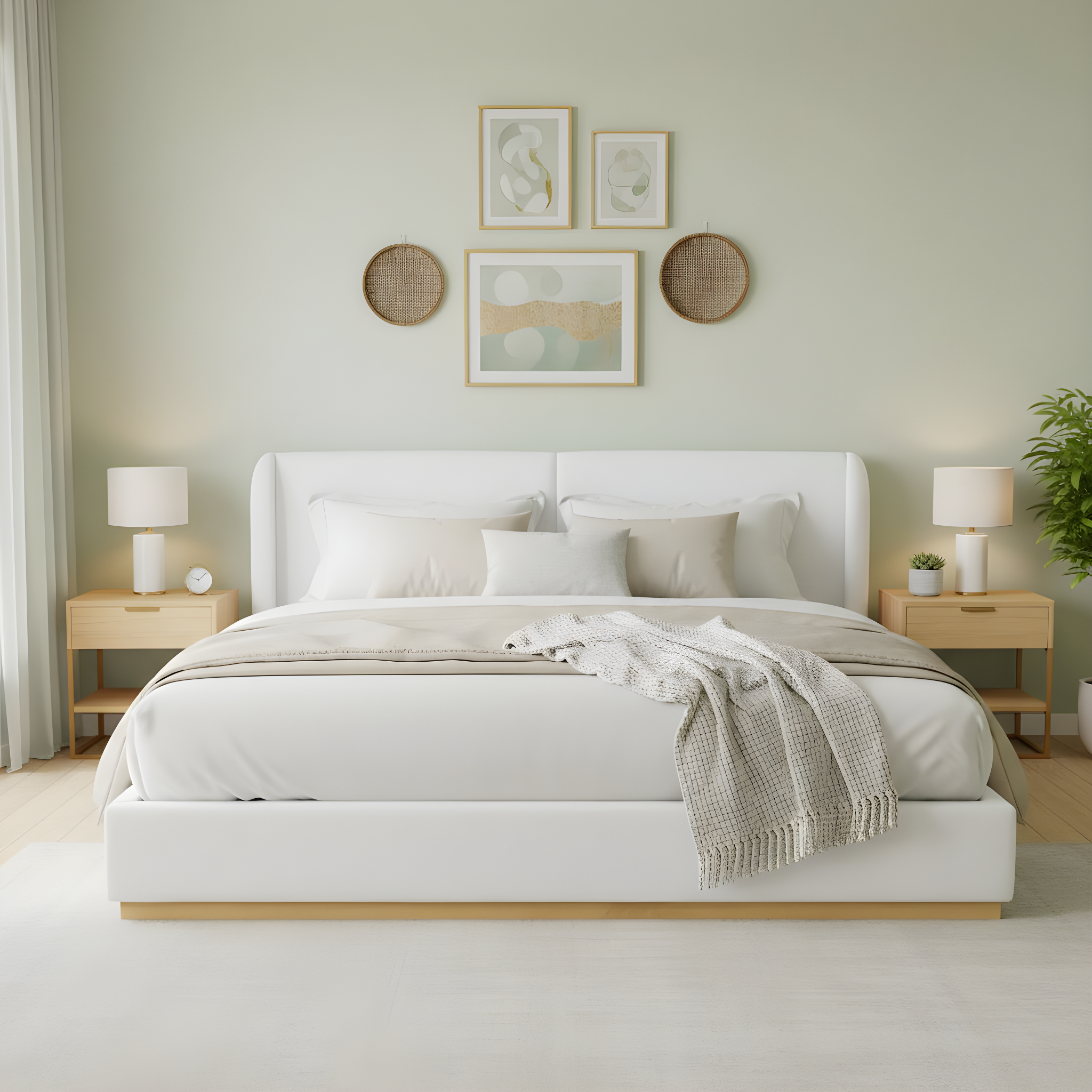 Modern White Bouclé Winged Bed Frame with Enclosed Wood Base,  King Size